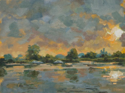 veilig achter een anker of aan de oever. Zomeravond onweer. 40 x 30 cm. olieverf/marouflé.
